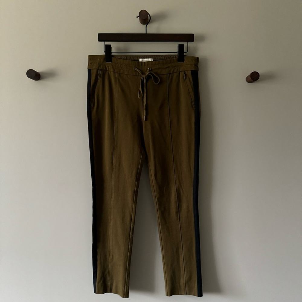 ANTHROPOLOGIE ESSENTIAL SLIM PANT OLIVE GREEN WITH BLACK TUXEDO STRIPES SZ 8